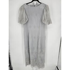 Vintage Women's Silver Floral Mesh Small Puff Sleeve Fit & Flare Dress Size L